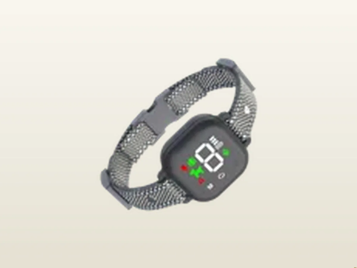 Hush Bark Smart Collar studio view showing digital display and woven strap